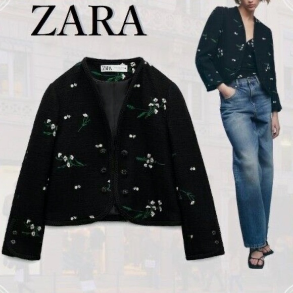 Zara Structured Embroidered Blazer Jacket Size Small Black Floral Feminine - Picture 1 of 16